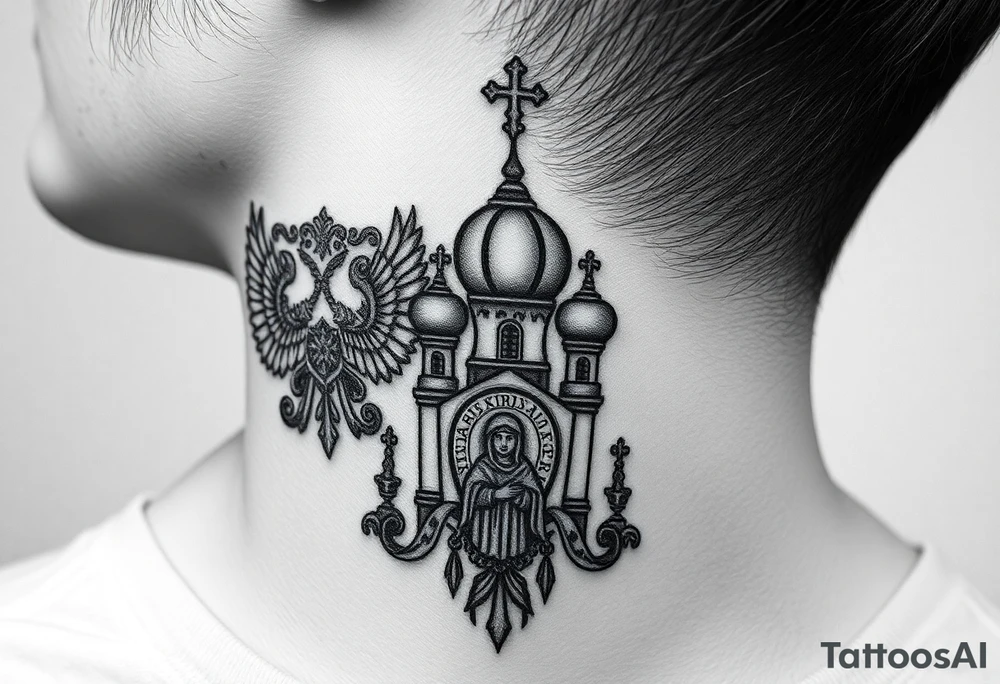 russian coat arms in a russian christian orthodox style virgin mary & orthodox dome church on the side of the neck tattoo idea