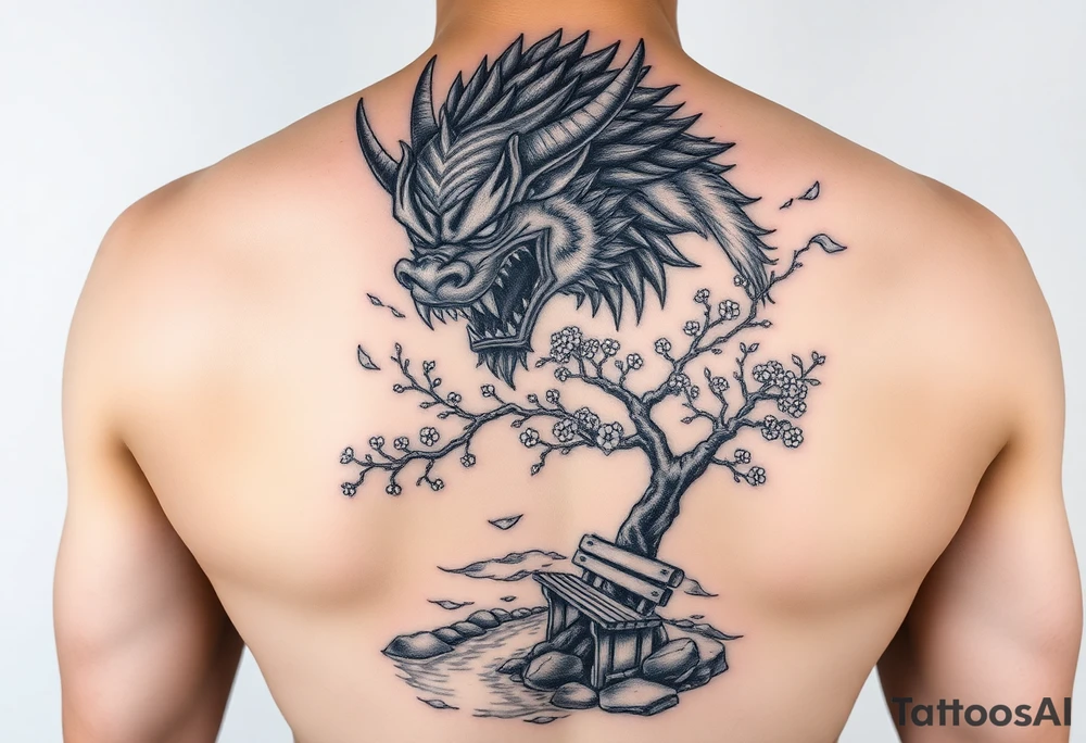 Fierce Japanese oni with cherry blossom tree river and stone bench tattoo idea