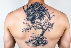 Fierce Japanese oni with cherry blossom tree river and stone bench tattoo idea