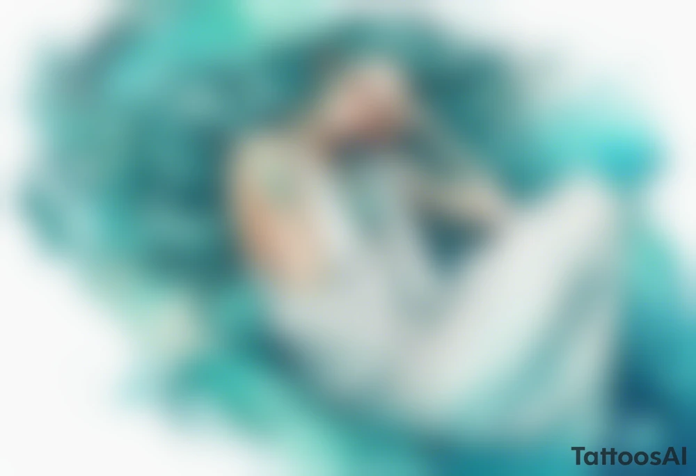 A beautiful undine with turquois scales wearing a white robe, laying on the shore tattoo idea