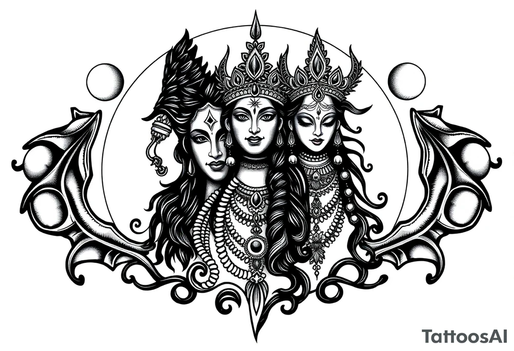Lord Shiva, Godess Kali, Godess Lilith with the moon phases in the background tattoo idea