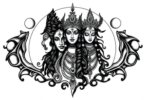 Lord Shiva, Godess Kali, Godess Lilith with the moon phases in the background tattoo idea