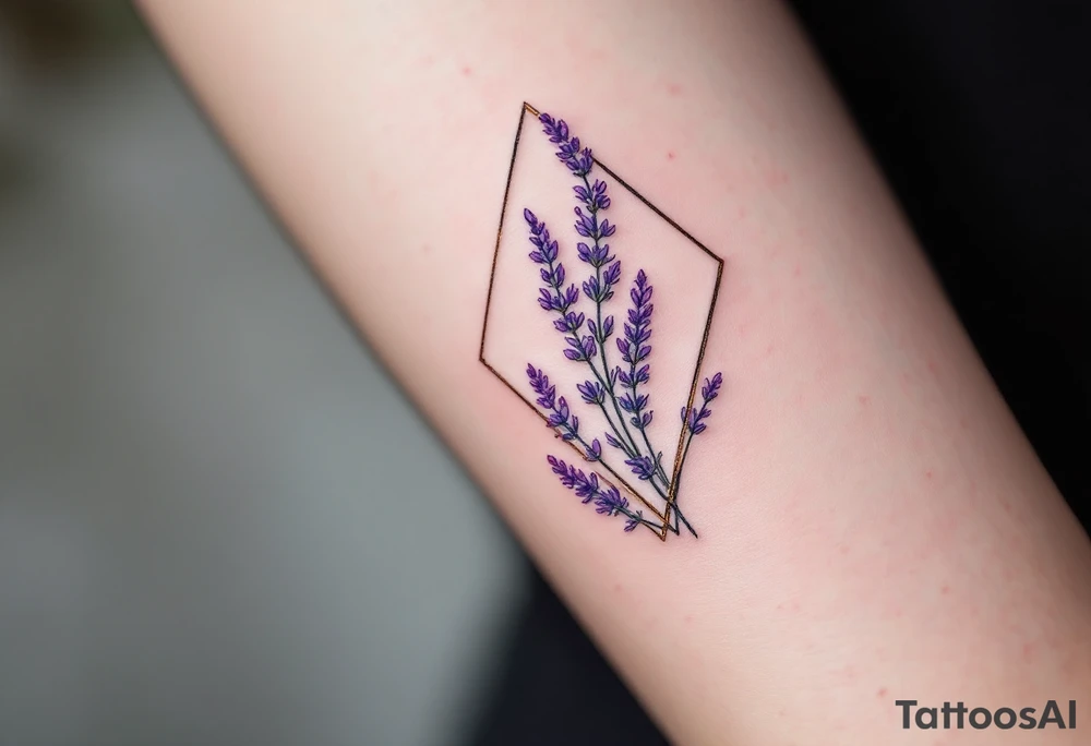 A geometric lavender sprig within a diamond frame, with a gradient from deep violet to soft lilac. tattoo idea