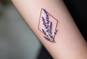 A geometric lavender sprig within a diamond frame, with a gradient from deep violet to soft lilac. tattoo idea