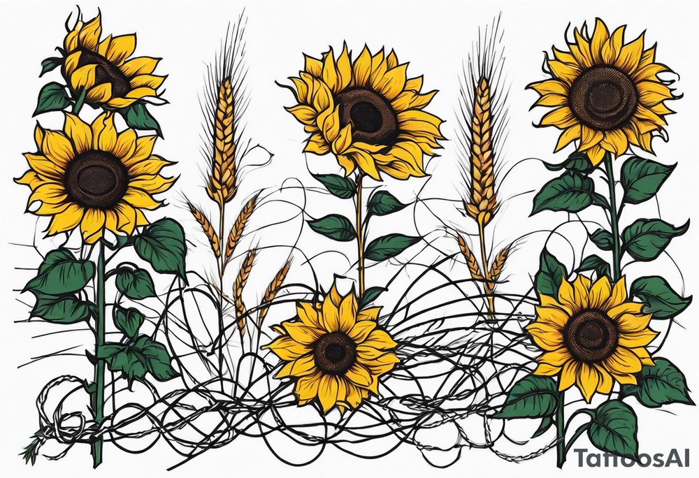 Sunflower, wheat, and barbed wire half sleeve tattoo idea