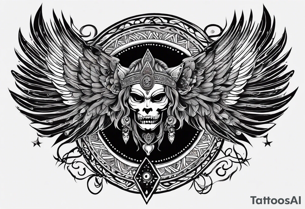 black kali, goddess pirate, alien, angel, pachamama, valkrye, warrior, flying, skull, lotus azul, wing, eagle, zenza resonance, stars, 5D, anahata chakra, death, durga, riding on a tiger tattoo idea