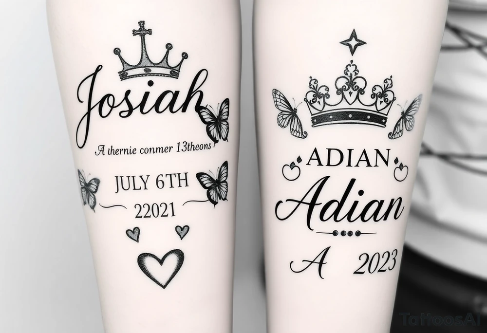 Feminine womens tatto that starts as sleeve and goes down to ankle and in tattoo the names JOSIAH in cursive written with the date July 6th 2021 in roman numerals AND NEXT TO NAME A PRINCE CROWN and butterfly's and the cancer zodiac number in between with the capricorn sing in between and hearts and the next part lower part of tatto the name ADIAN WITH THE DATE March 10th 2023 IN ROMEN NUMERALS WITH A SMALLER PRINCE CROWN THEN THE JOSIAHS CROWN AND THEN LITTLE BUTTERFLYS WITH THE PACIES ZODIAC SING IN AND THE CAPRICORN ZODIAC SIGN BOTH SMALL AND IN BETWEEN THE BUTYERFLYS AND HEARTS MAKE IT MIX TOGTHER DO THE SAME WITH THE CANCER AND CPROCORN SIGN ABOVE tattoo idea