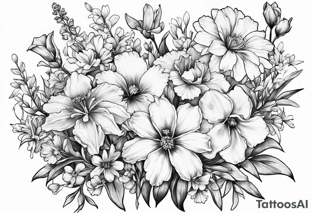 Small sketched bouquet of flowers larkspur carnation daisy iris tattoo idea