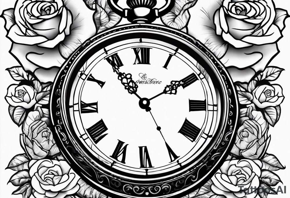 Pocket watch with chain and roses tattoo idea