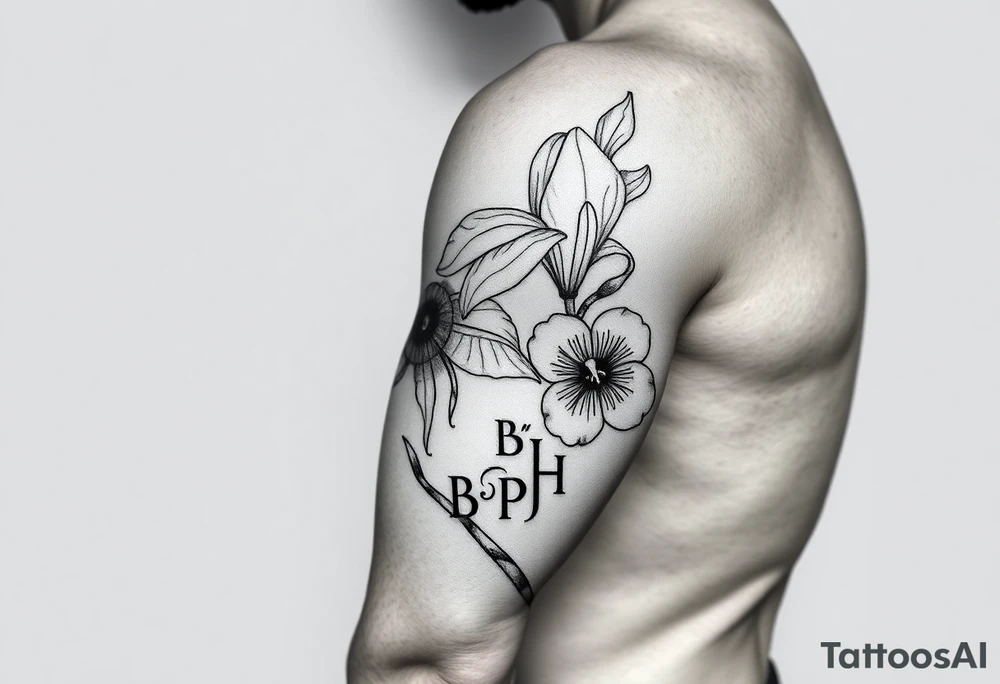 A daffodil with pussy willow flower and a clover with the initials B P H tattoo idea