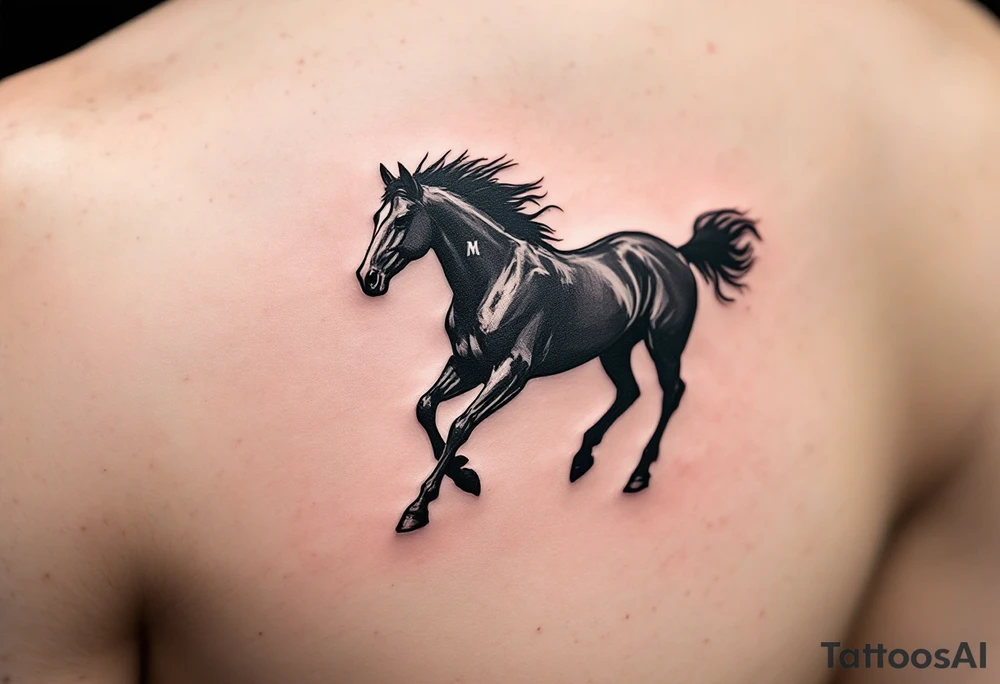 horse silhouette 
from the front which gallops from the front, with the 3 small letters discreetly integrated: M, A, L tattoo idea