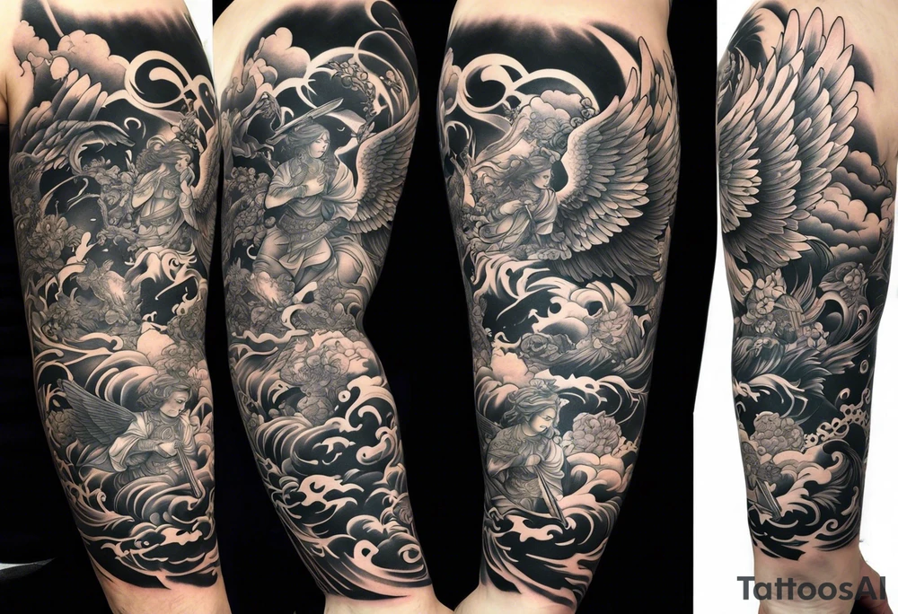 Arm sleeve with Angels with guns fighting demons below tattoo idea Arm sleeve with Angels with guns fighting demons below tattoo idea