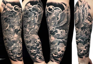 Arm sleeve with Angels with guns fighting demons below tattoo idea