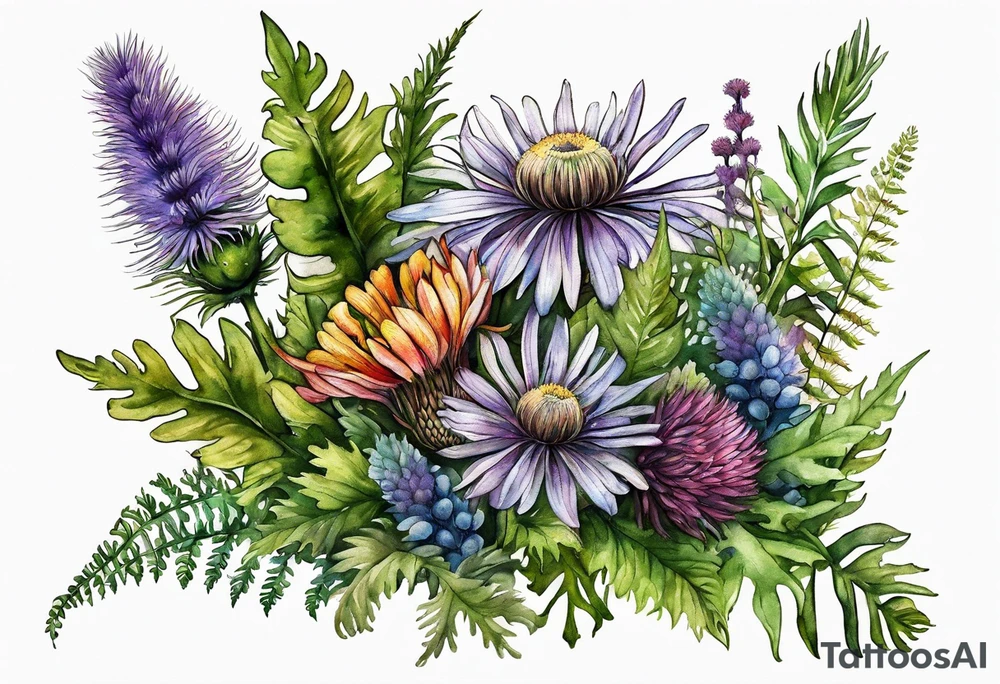 spread out mixed wildflower bouquet with ferns, thistle and with color tattoo idea