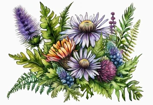 spread out mixed wildflower bouquet with ferns, thistle and with color tattoo idea