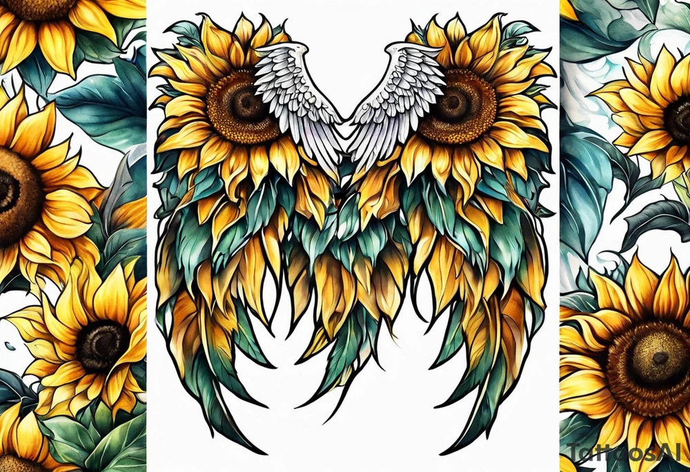 Sunflowers and angel wings leg sleeve tattoo idea