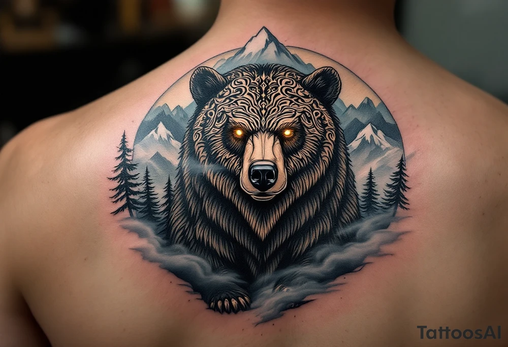 A powerful, majestic bear tattoo with a deep black and brown color palette. The bear is depicted in a standing position, symbolizing strength and protection, with intricate tribal patterns subtly etched along its body, representing its spiritual connection to the earth. The bear’s eyes glow soft golden to represent wisdom and insight. Around the bear, mountain peaks and pine trees form a natural, serene backdrop, while delicate blue mist rises from the ground, tattoo idea