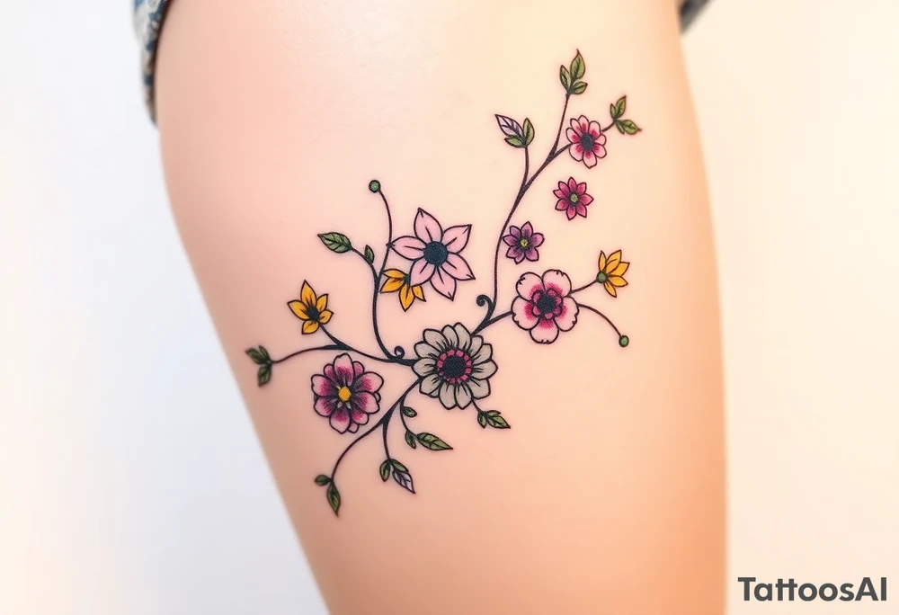 Vine with alternating flowers daffodil,
Lily, chrysanthemum, rose, aster, narcissus tattoo idea