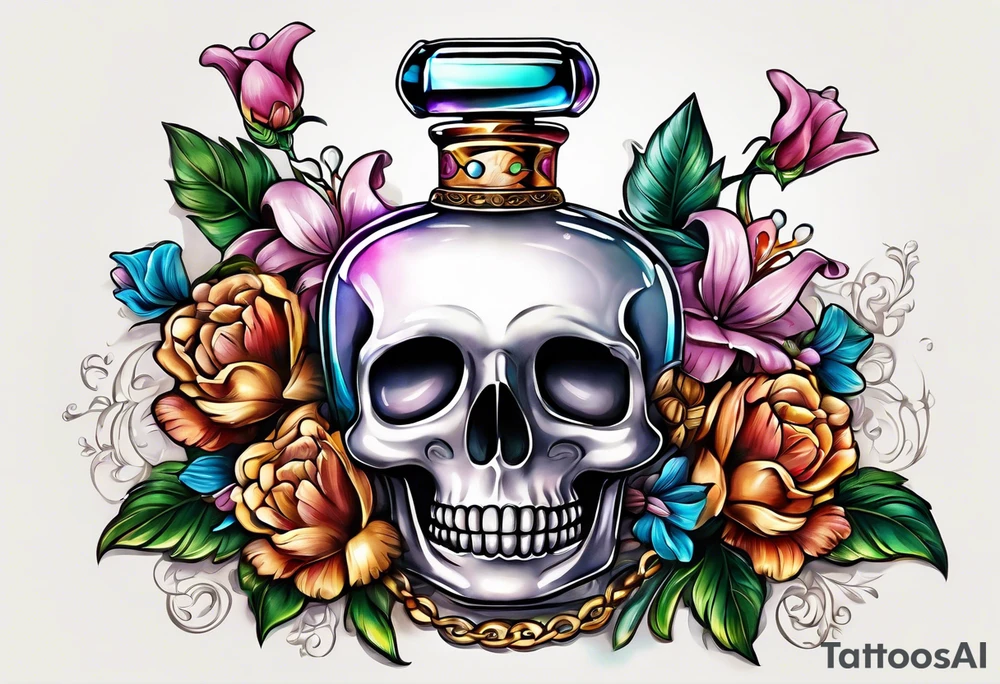 Pearl necklace wrapped around 1950s perfume bottle with flowers and bows surrounding tattoo idea