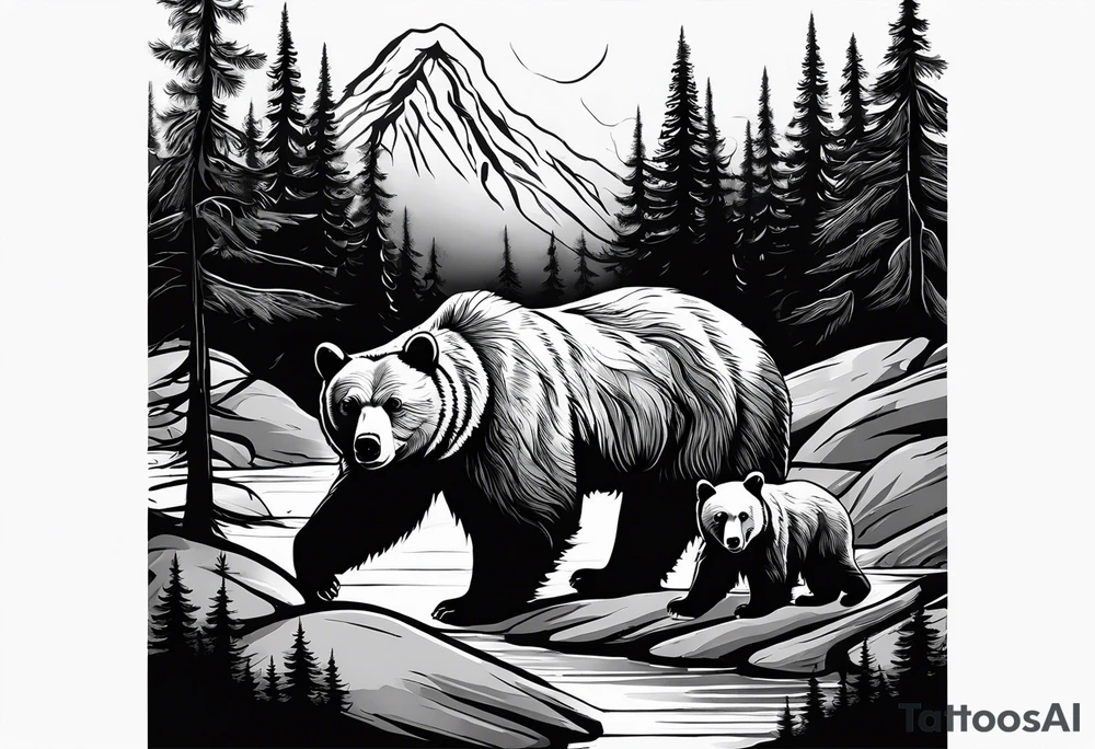 The tattoo shows a mother bear holding two bear cubs in her arms. A small bear cub and a larger bear cub. The bears are surrounded by fir trees and rocks. There is written „no matzer what i got your back“ above and under tattoo idea