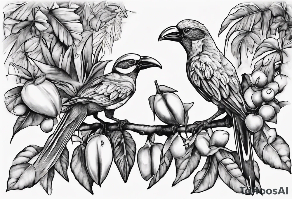 A vibrant Doctor Bird perched on a branch of ackee fruits, surrounded by lush tropical foliage. Below, the roots of a tree could form the shape of Jamaica's outline, with the initials of family members delicately incorporated into the branches or the trunk. tattoo idea