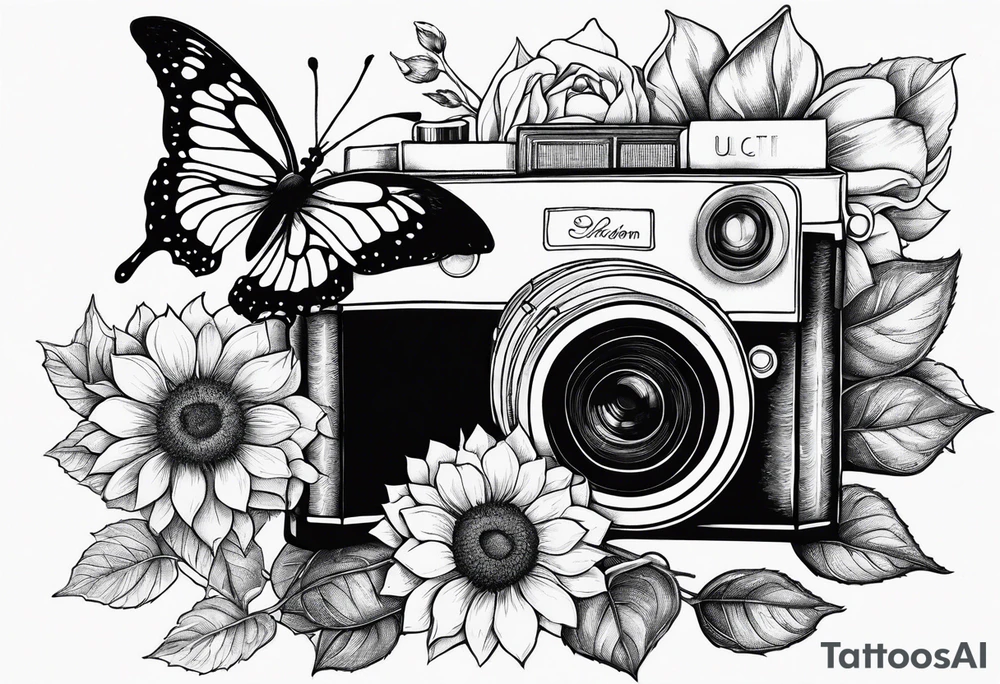 Book, sunflower, camera, butterfly, flower rose tattoo idea Book, sunflower, camera, butterfly, flower rose tattoo idea