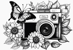 Book, sunflower, camera, butterfly, flower rose tattoo idea
