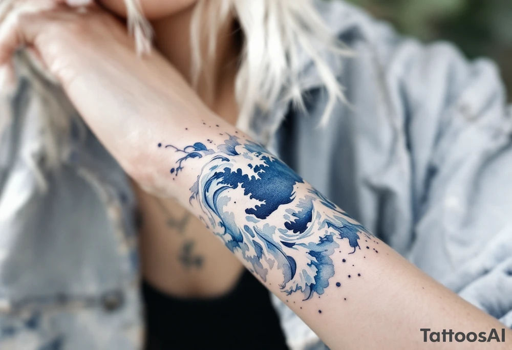 A soft blue watercolor wave wraps around the wrist, fading into foamy white tips. tattoo idea