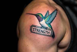 A hummingbird flying through a cartouche (Egyptian nameplate) that spells out a meaningful word like “Life” or “Strength.”(only red , blue and black are possible colors) tattoo idea