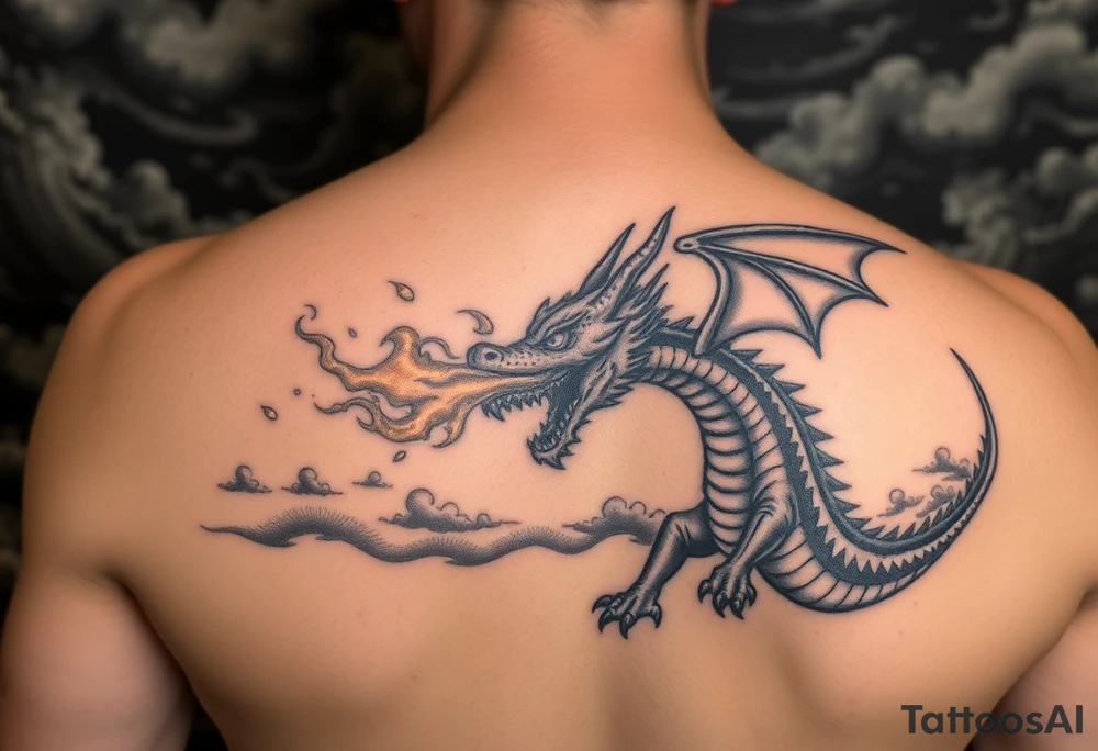 fierce dragon breathing iridescent fire against stormy skies tattoo idea