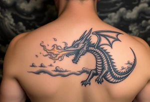 fierce dragon breathing iridescent fire against stormy skies tattoo idea