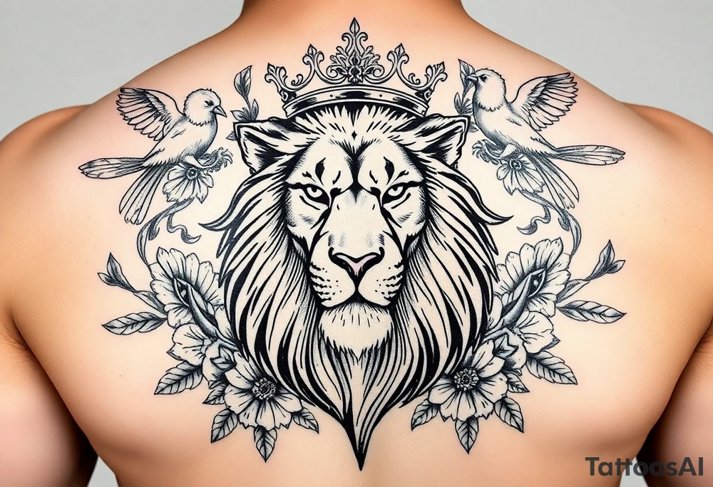 powerful majestic lion with a crown, surrounded by floral ornaments and birds tattoo idea