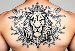 powerful majestic lion with a crown, surrounded by floral ornaments and birds tattoo idea