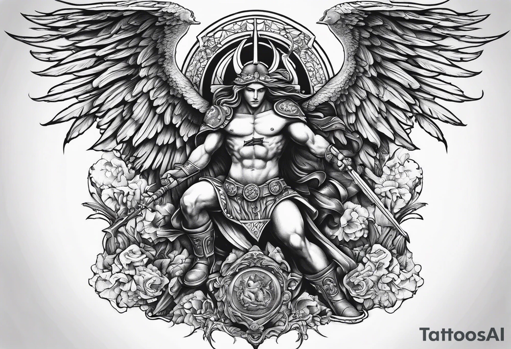 Arm sleeve of St Michael killing the devil tattoo idea