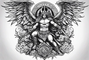 Arm sleeve of St Michael killing the devil tattoo idea