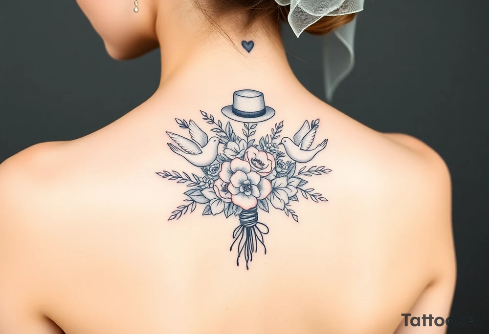 A floral wedding bouguet with hearts, doves, top hat and veil. tattoo idea