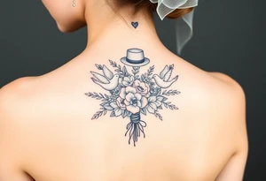 A floral wedding bouguet with hearts, doves, top hat and veil. tattoo idea