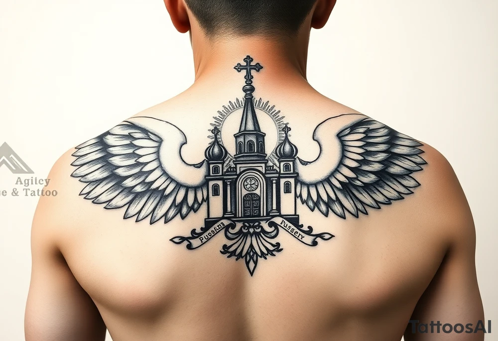 an actual russian coat of arms with both heads visible & wings spanning out on my back neck across on to my shoulders / traps with a orthodox christian church being visible in a mountainous sun beaming setting, with the russian orthodox cross spire of the orthodox church being visible on my neck with a sun beaming in the background that the cross sits inside tattoo idea