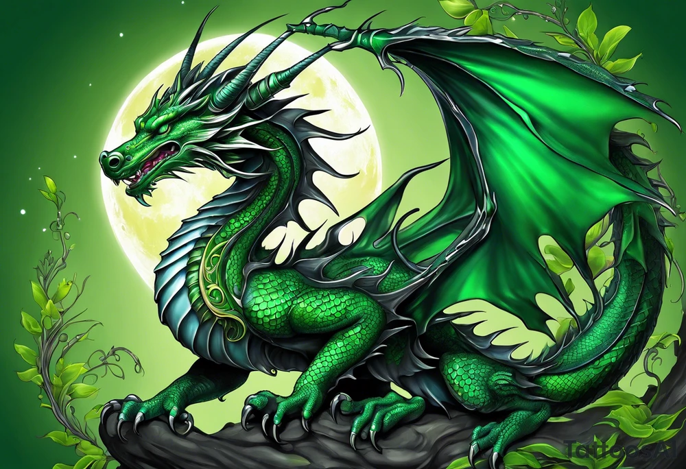 Moon fairy green dragon tattoo idea