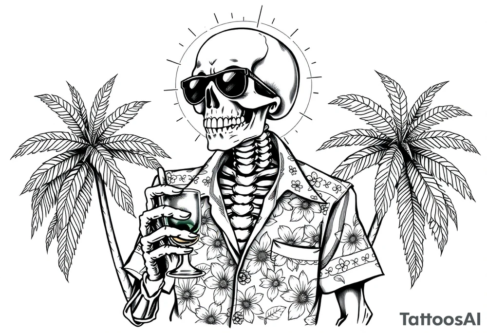 a skeleton in hawaiian shirt, palms, a cocktail,sun,sun-glasses,sea. tattoo idea