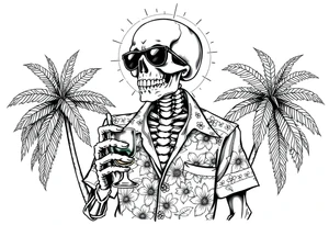 a skeleton in hawaiian shirt, palms, a cocktail,sun,sun-glasses,sea. tattoo idea