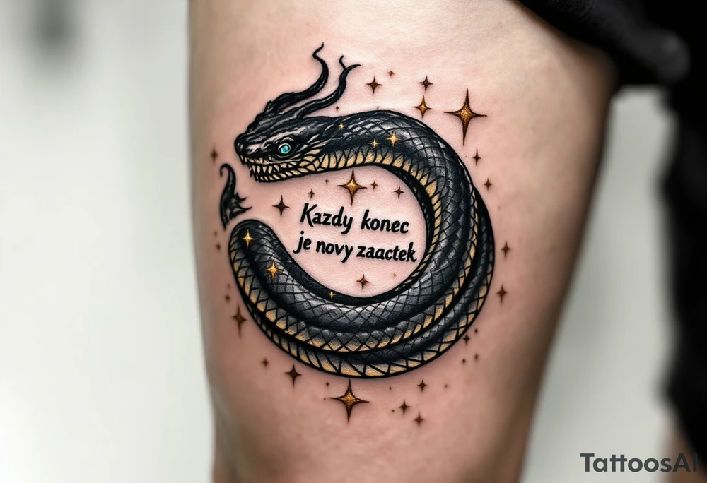 „Kazdy konec je novy zacatek.“ — A black snake eating its tail (ouroboros) with golden stars inside, and the phrase flowing through the ring. tattoo idea