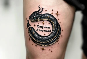 „Kazdy konec je novy zacatek.“ — A black snake eating its tail (ouroboros) with golden stars inside, and the phrase flowing through the ring. tattoo idea