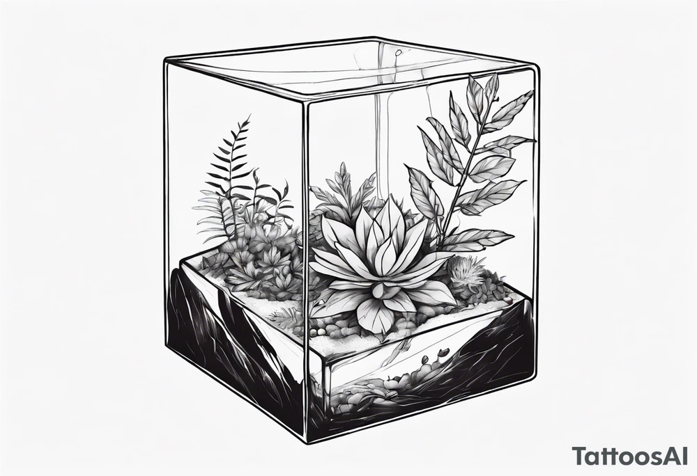 A terrarium in the shape of a cuboid with a single plant inside it. tattoo idea