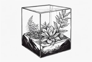 A terrarium in the shape of a cuboid with a single plant inside it. tattoo idea