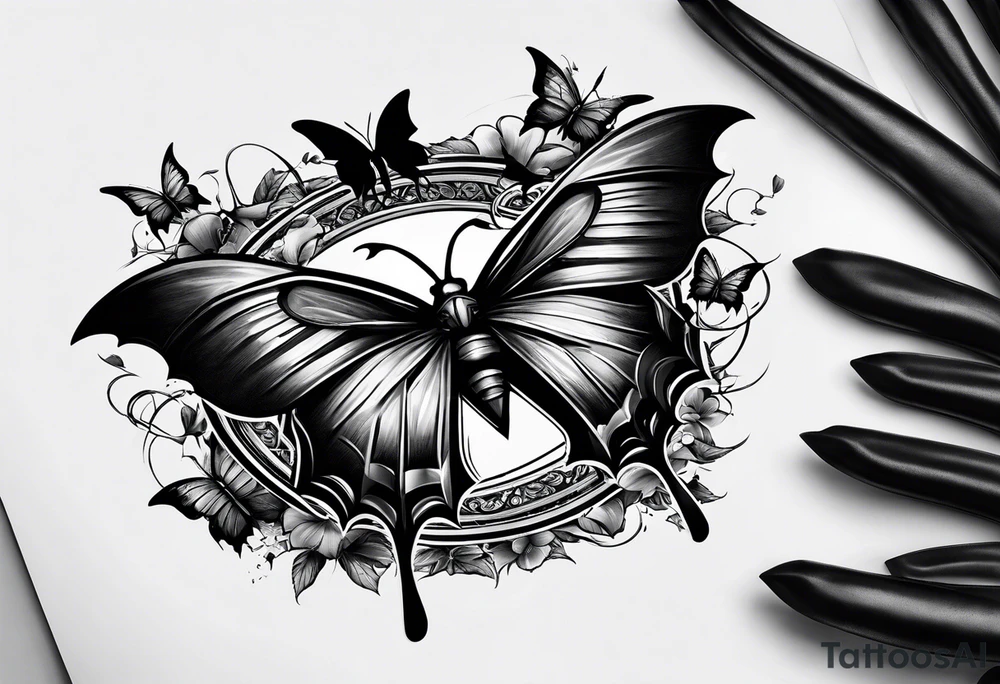 Small Batman symbol with 5 butterflies intertwined around it for a forearm tattoo tattoo idea