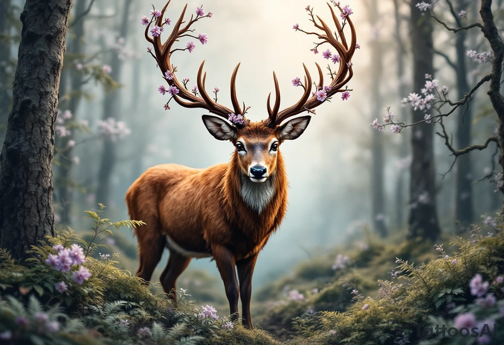 A majestic deer standing in a serene forest, its antlers gracefully stretching outward, adorned with delicate branches and small, blooming flowers in shades of lavender and soft pink. The deer’s fur is a rich chestnut brown with subtle highlights of caramel and cream, giving it a lifelike texture. Its eyes are deep and soulful, shaded in warm amber tones. Around its feet, gentle green ferns and soft moss create a peaceful, natural atmosphere. tattoo idea