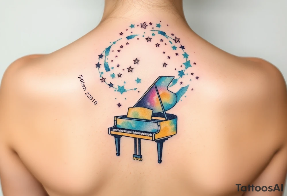 a grand piano under a swirl of stars tattoo idea
