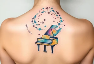 a grand piano under a swirl of stars tattoo idea