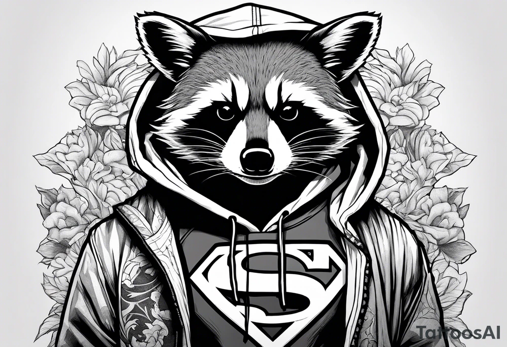 raccoon wearing a Superman hoodie tattoo idea